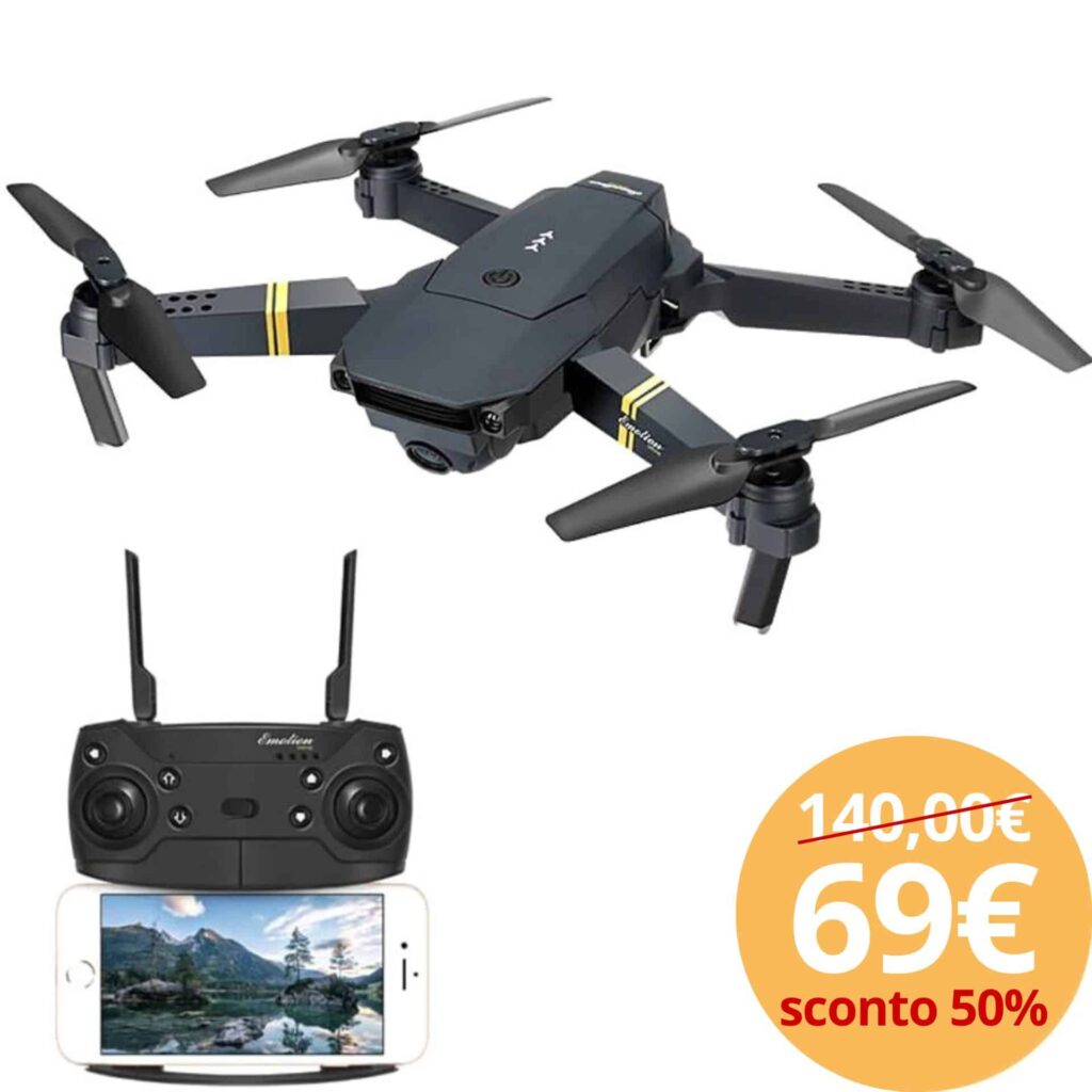 Drone quadricottero con telecamera e controller per riprese aeree.