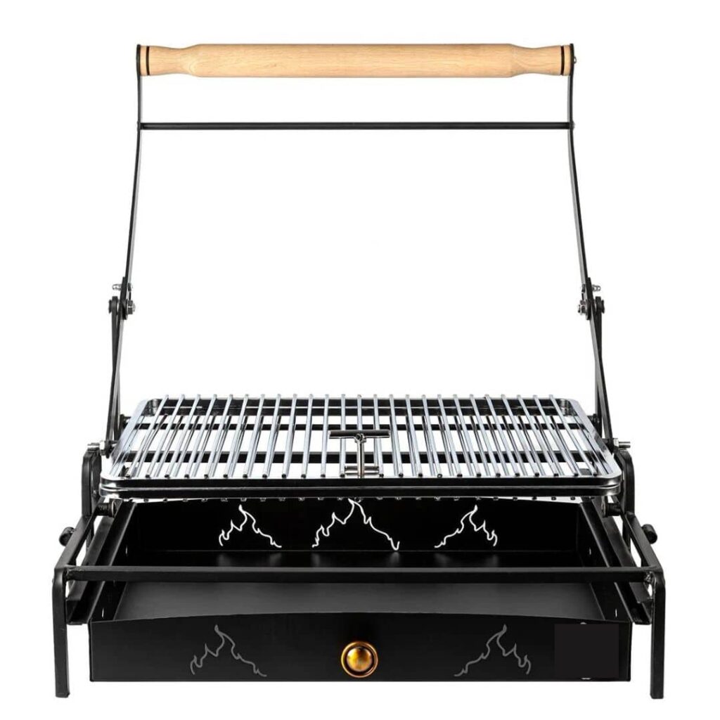 Griglia portatile per barbecue con manico in legno e superficie in acciaio.