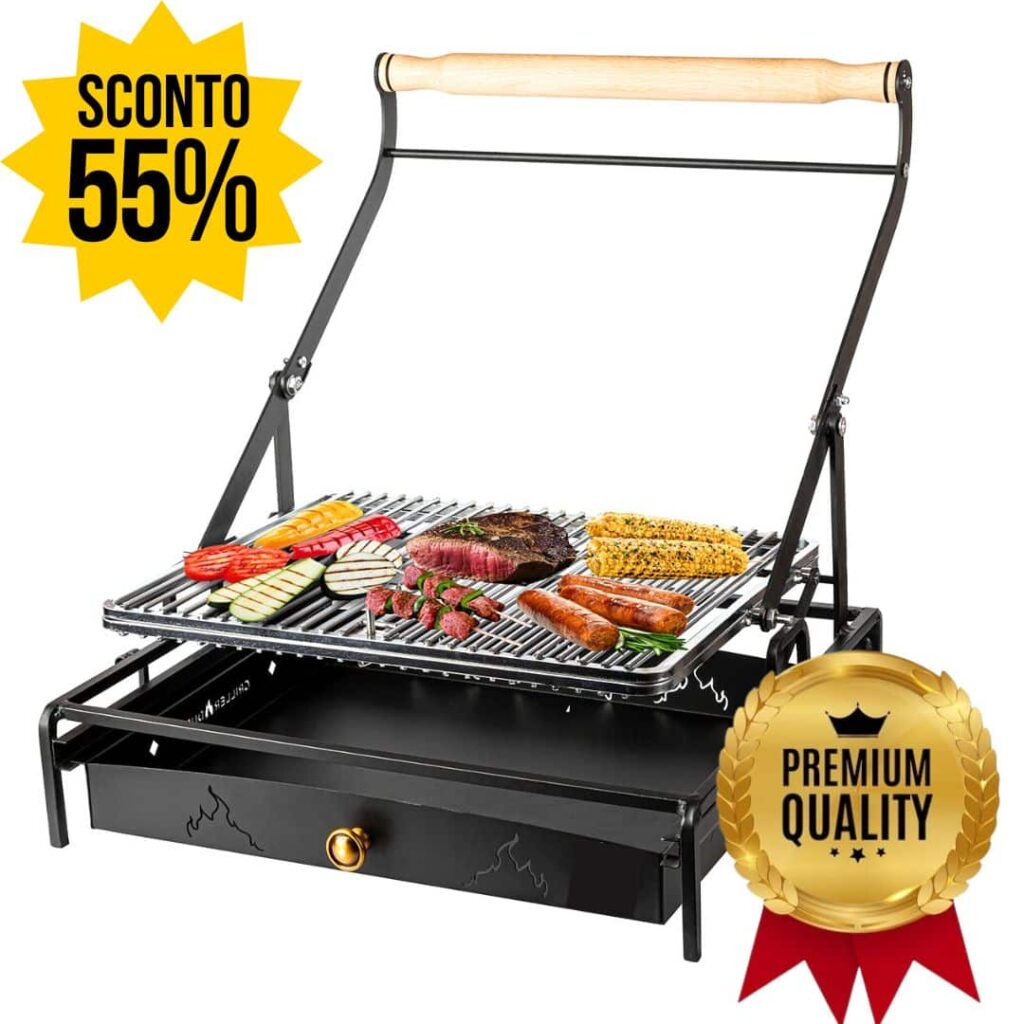 Grill portatile con carne e verdure, sconto 55%.