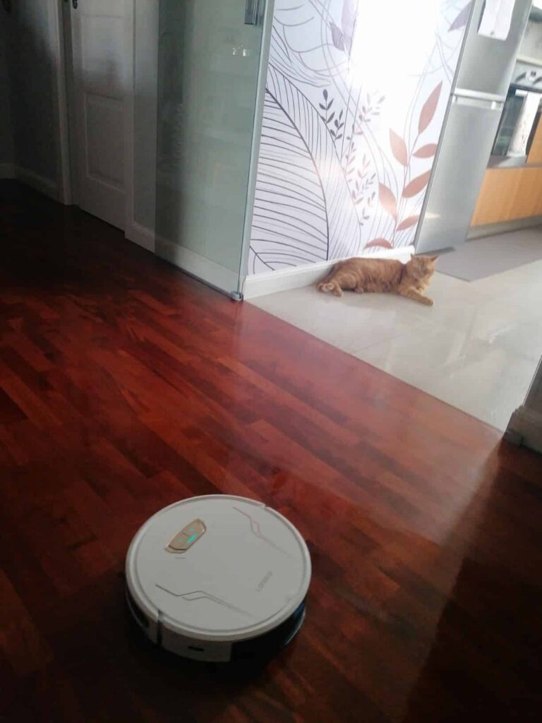 Robot aspirapolvere che pulisce il pavimento in casa moderna.