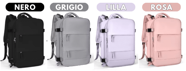 Zaino da viaggio in nero, grigio, lilla e rosa, ideale per avventure.