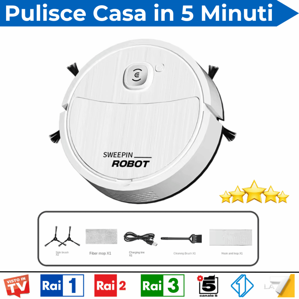 Aspirapolvere robot con spazzole e accessori inclusi.