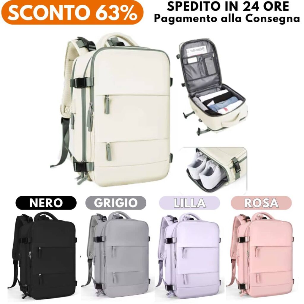 Zaino da viaggio in vari colori con scomparti e tasche.
