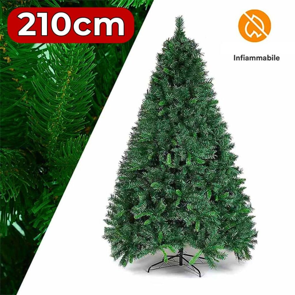 Albero di Natale artificiale verde di 210cm con base stabile.