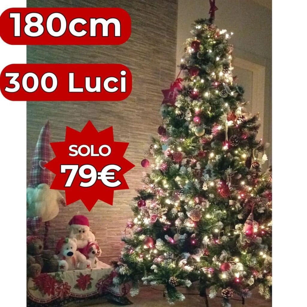 Albero di Natale decorato con luci e pigne, altezza 180cm, con 300 luci LED.