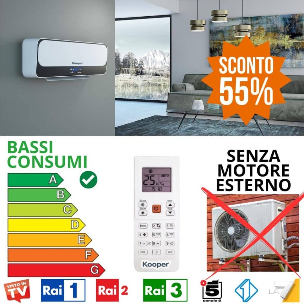 Termoventilatore a parete con telecomando e sconto del 55%.