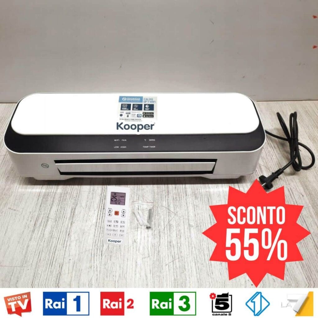 Termoventilatore a parete con telecomando e sconto del 55%.