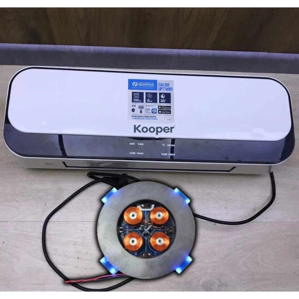 Termoventilatore a parete con telecomando e accessori.