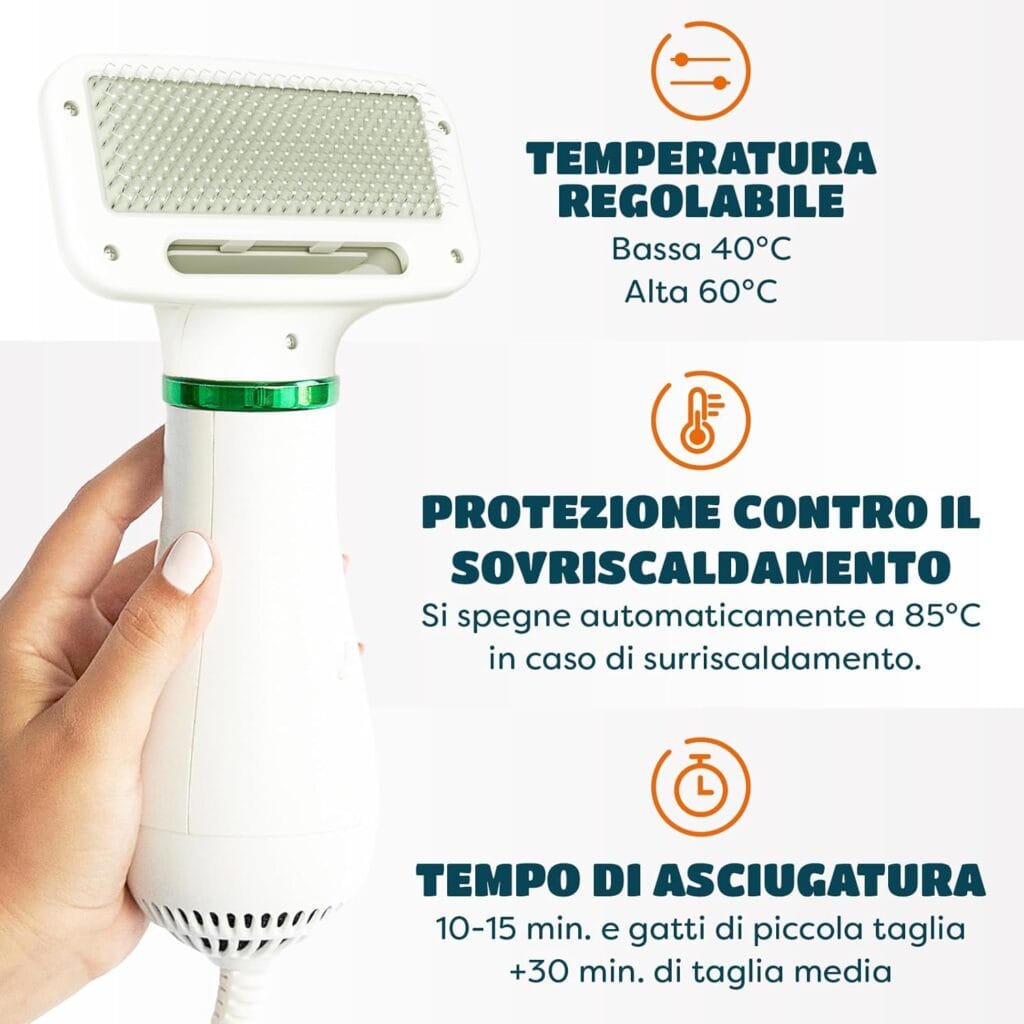 Spazzola phon con temperatura regolabile e protezione da surriscaldamento.