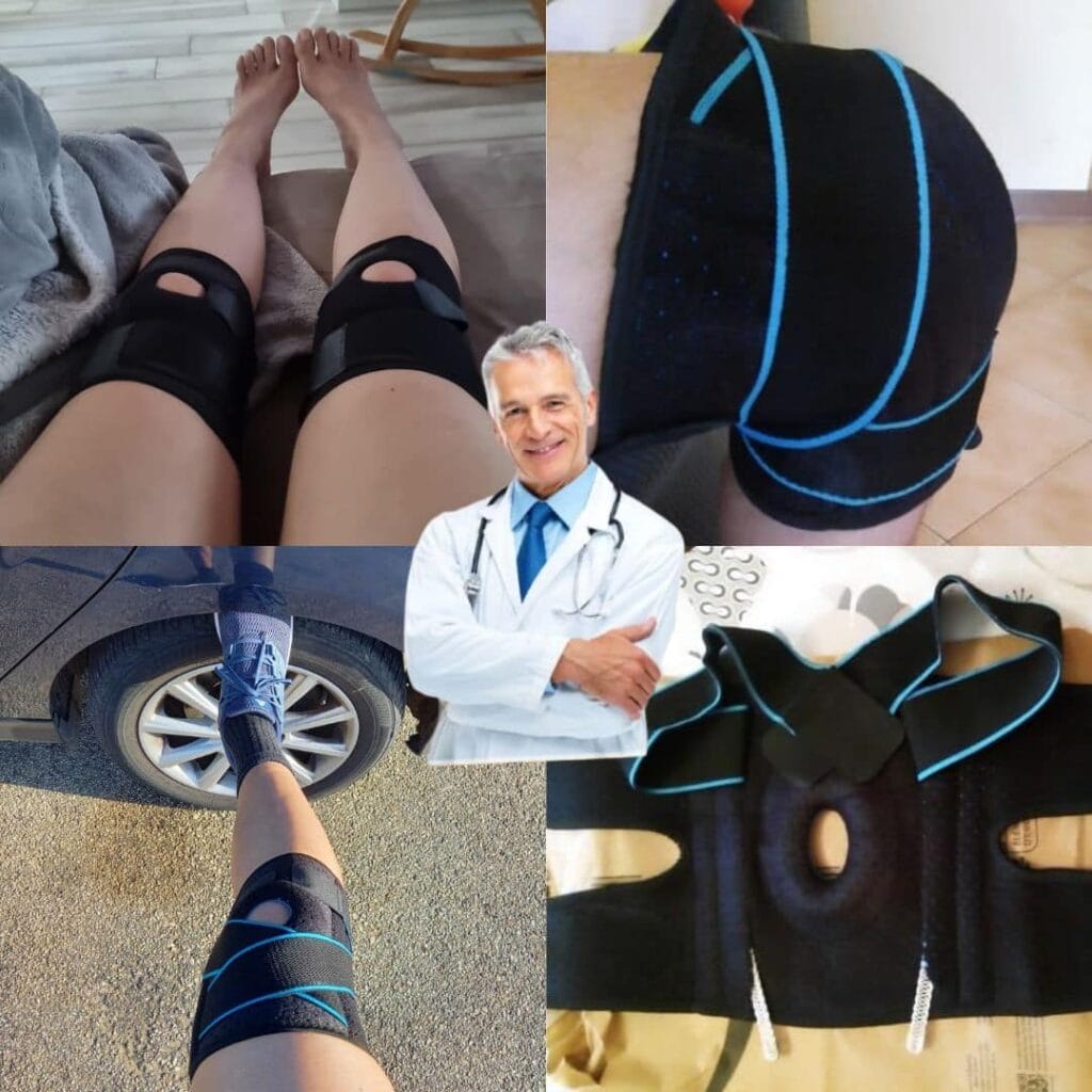 Tutore ginocchio con supporto regolabile e imbottitura.