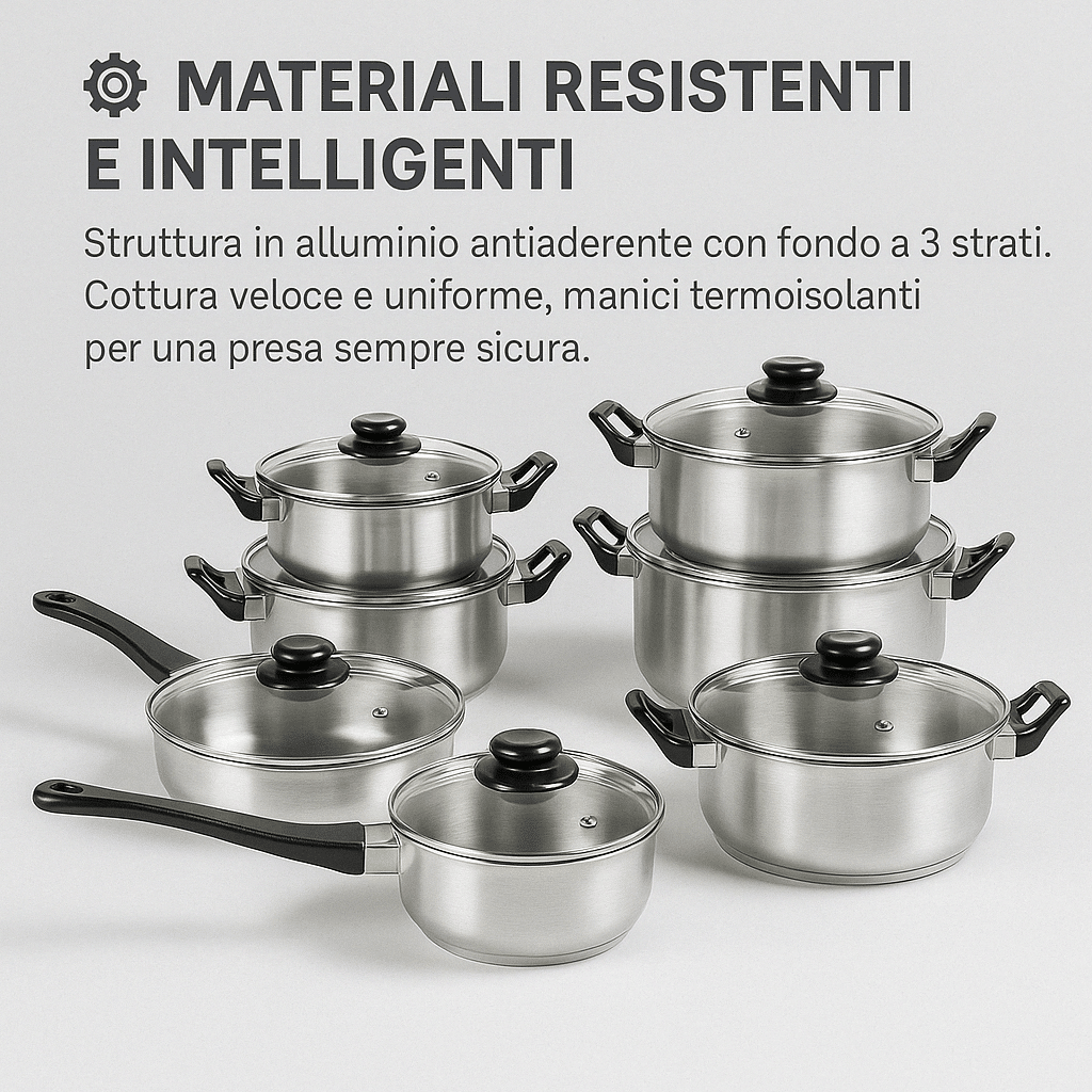 Set di pentole in alluminio resistente e intelligente con manici termoisolanti.