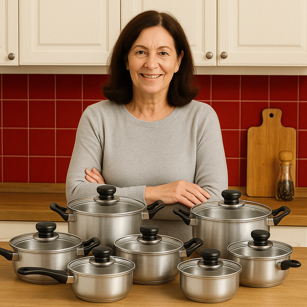Set di pentole in alluminio con manici neri, in cucina moderna.