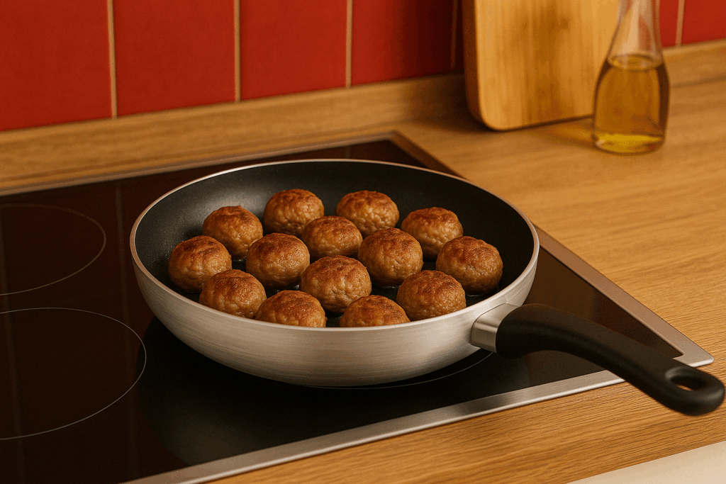Padella con polpette di carne su piano cottura in cucina moderna.