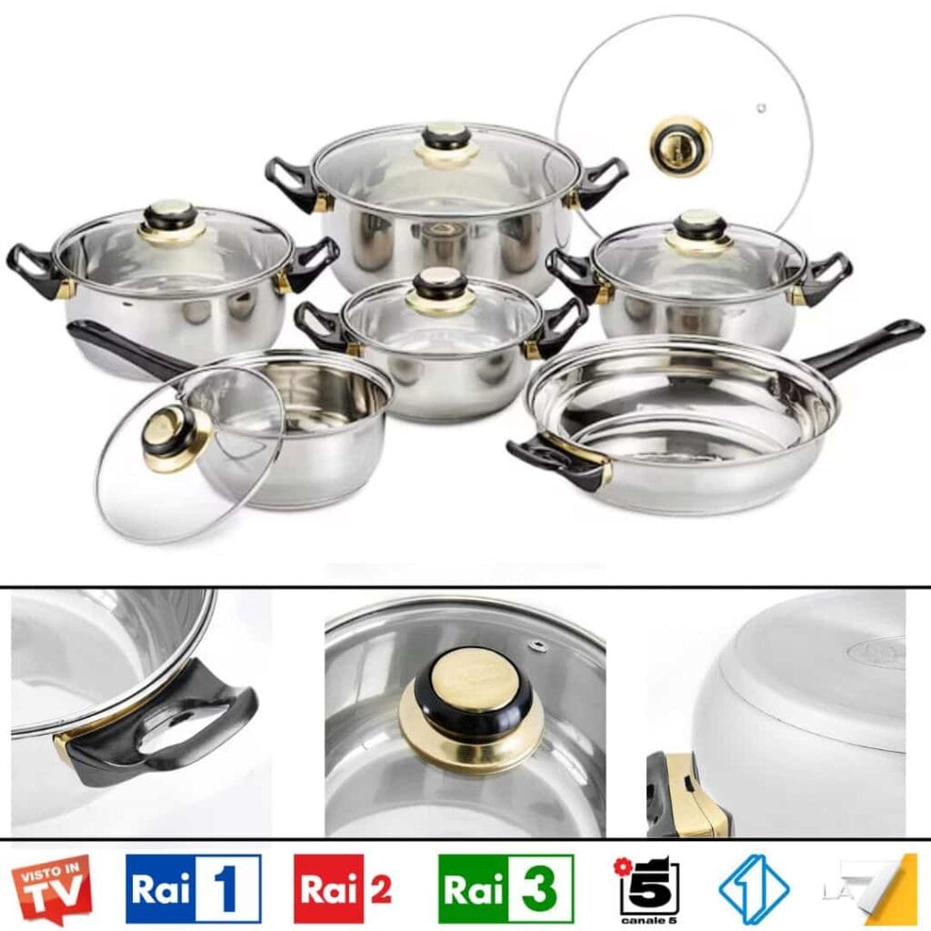 Set di pentole in alluminio con coperchi in vetro e manici ergonomici.