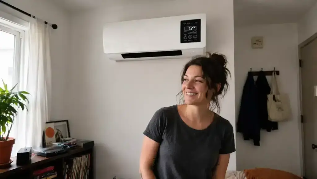 Donna sorridente in soggiorno con aria condizionata moderna.